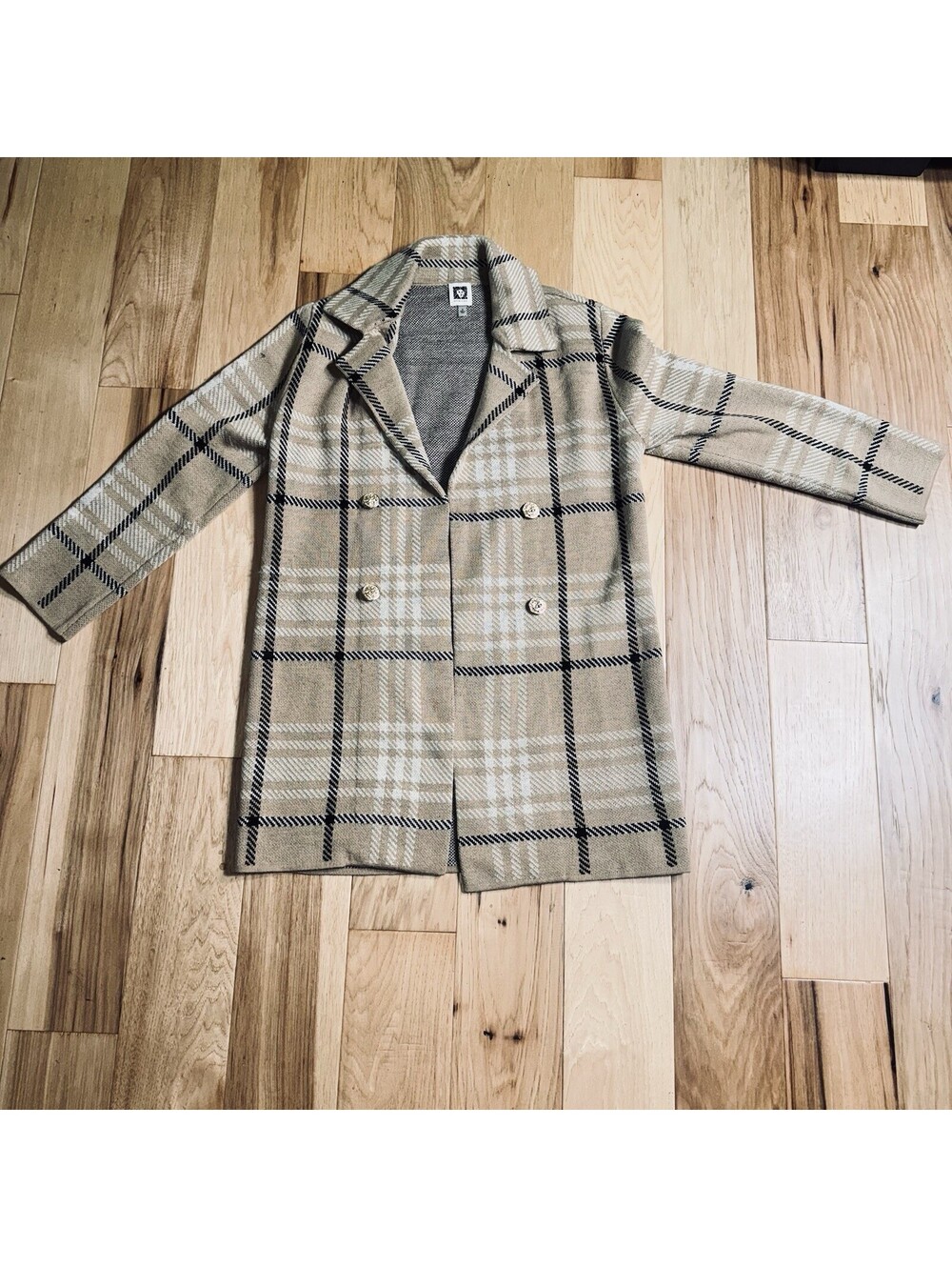 Anne Klein Women’s Plaid Long Coat Jacket Tan Black Gold Buttons Size Small